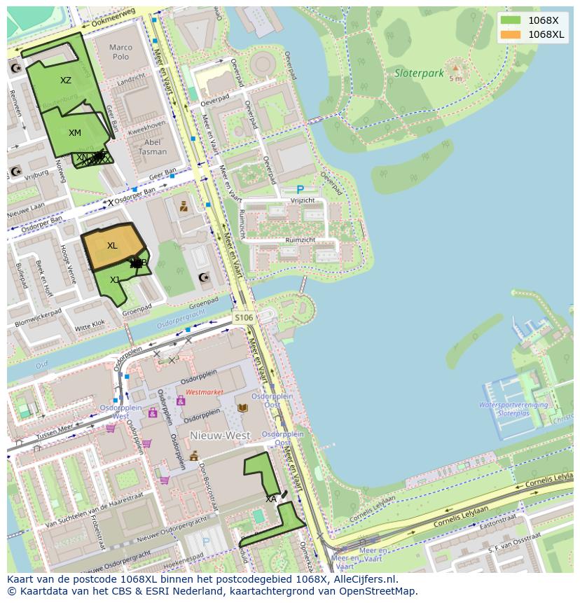 Afbeelding van het postcodegebied 1068 XL op de kaart.