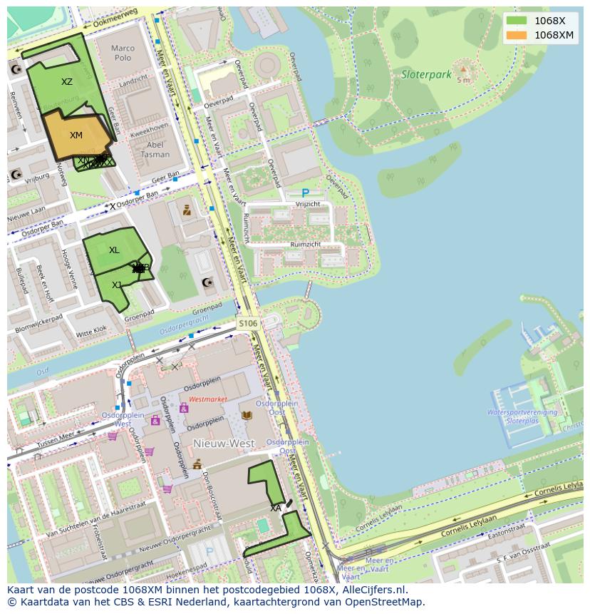 Afbeelding van het postcodegebied 1068 XM op de kaart.