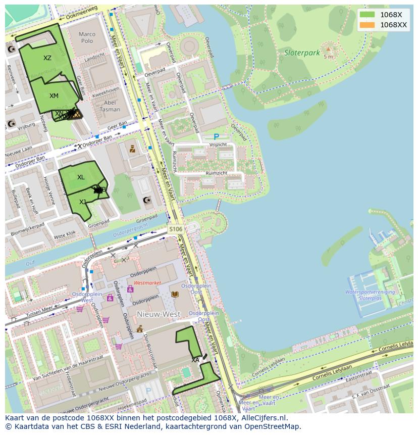 Afbeelding van het postcodegebied 1068 XX op de kaart.
