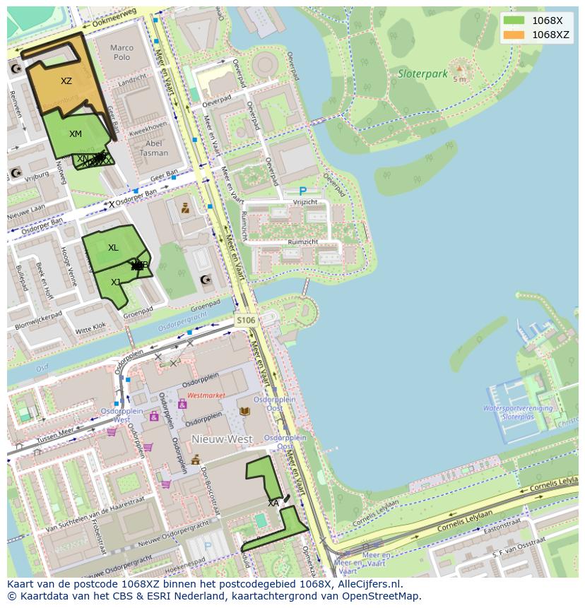 Afbeelding van het postcodegebied 1068 XZ op de kaart.