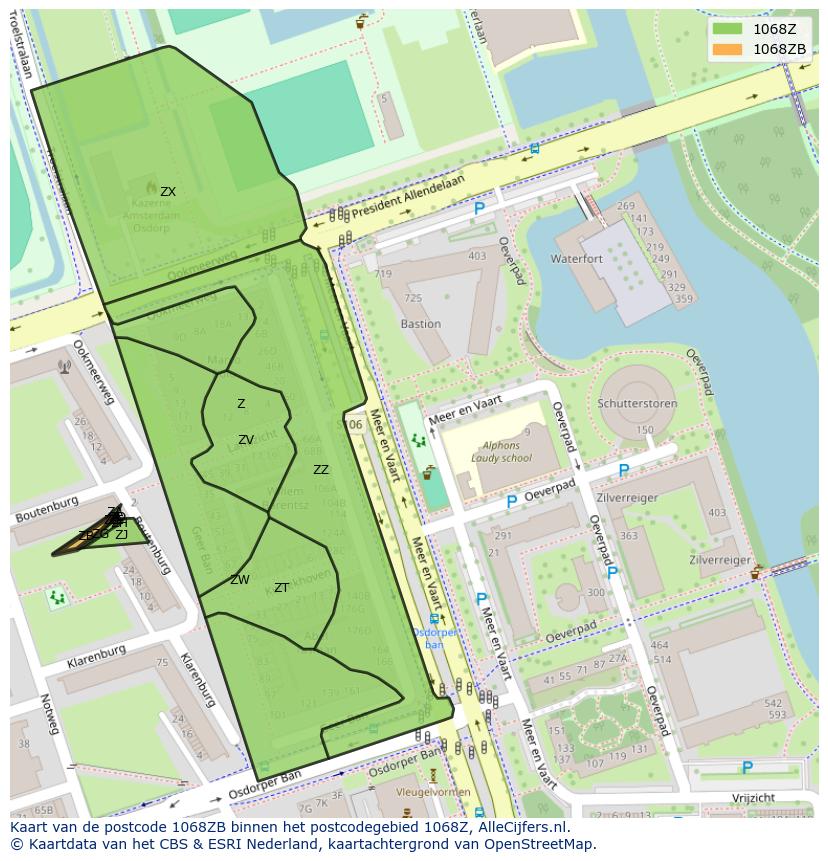 Afbeelding van het postcodegebied 1068 ZB op de kaart.