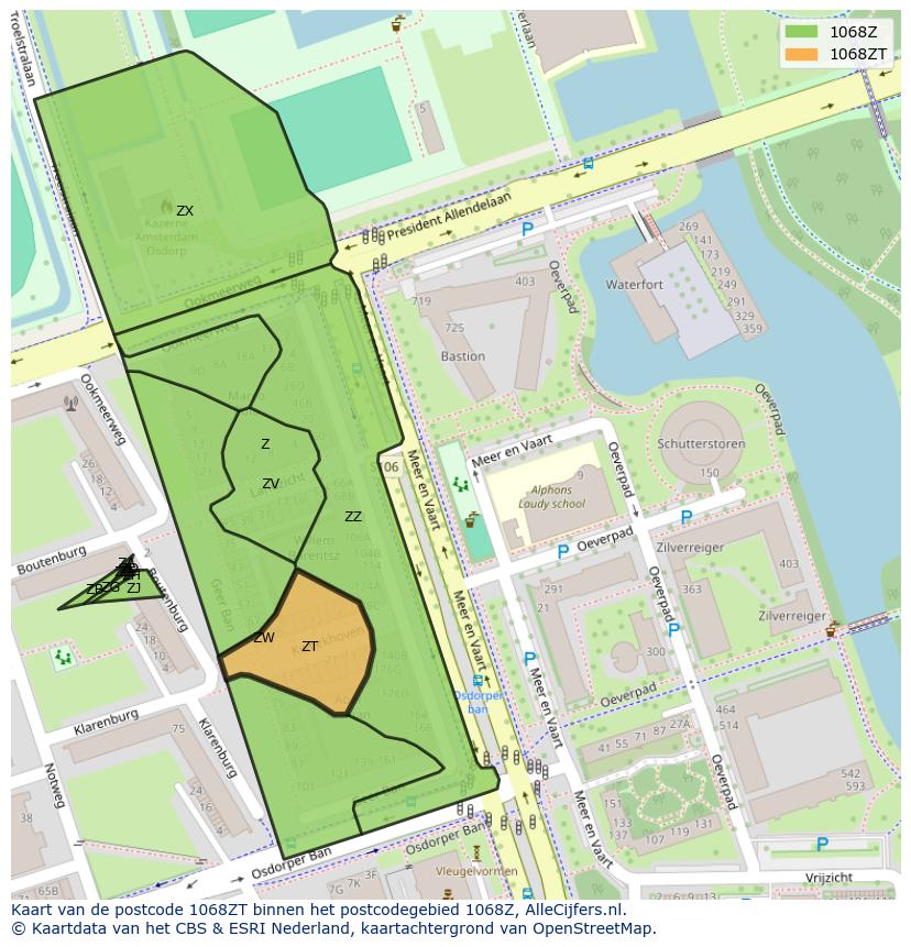 Afbeelding van het postcodegebied 1068 ZT op de kaart.