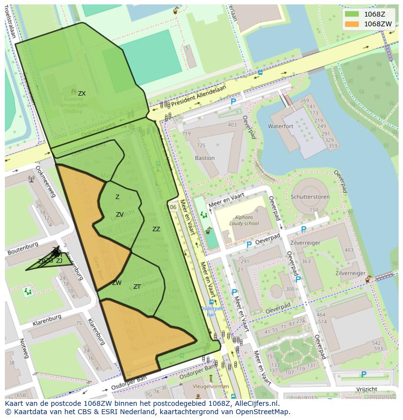 Afbeelding van het postcodegebied 1068 ZW op de kaart.