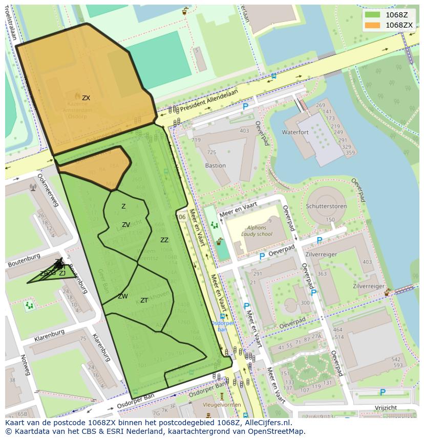 Afbeelding van het postcodegebied 1068 ZX op de kaart.