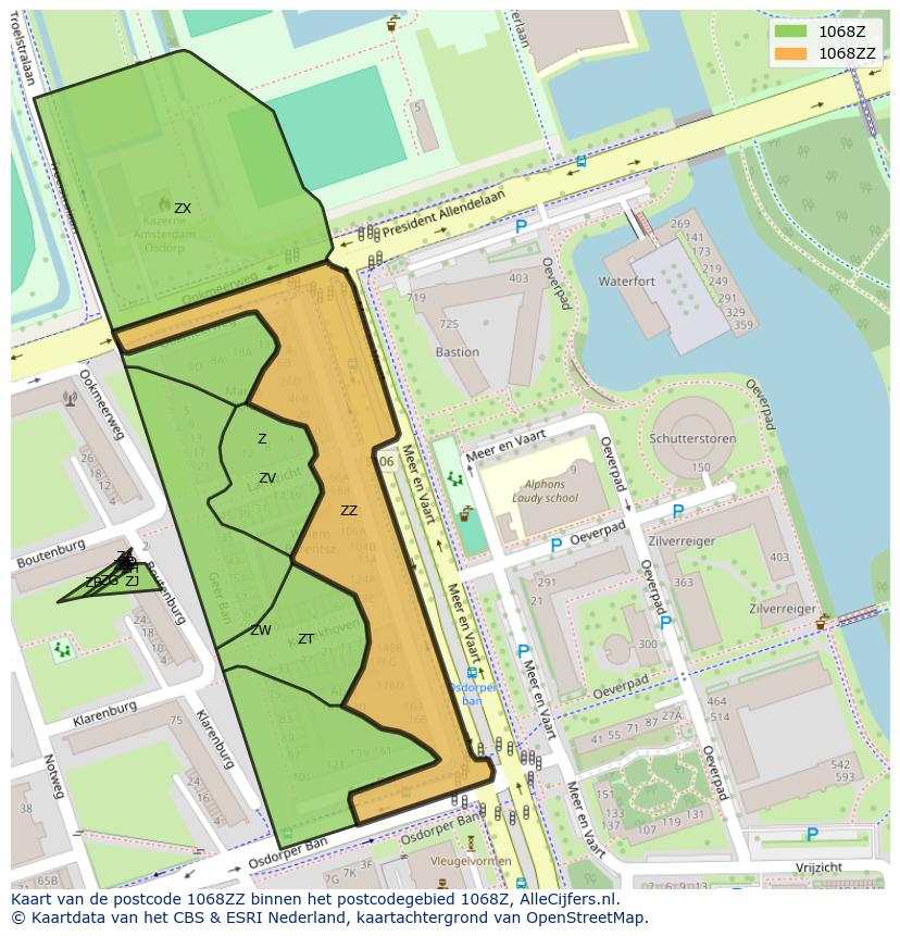 Afbeelding van het postcodegebied 1068 ZZ op de kaart.