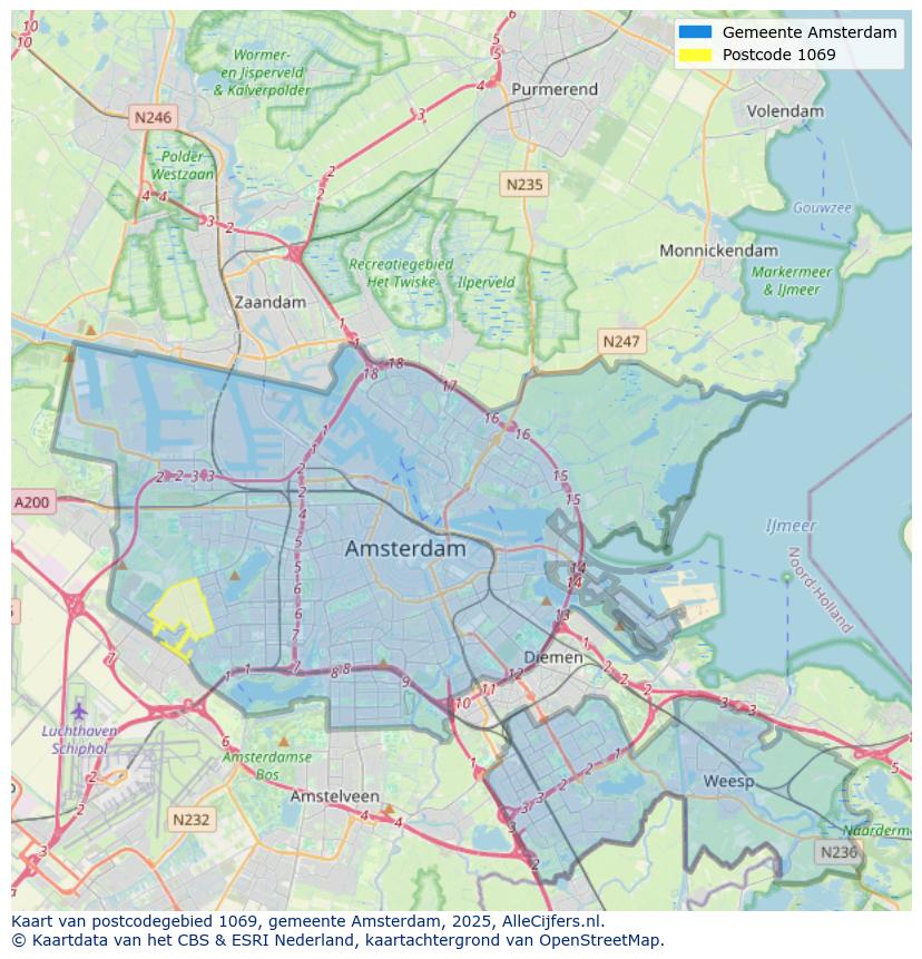 Afbeelding van het postcodegebied 1069 op de kaart.