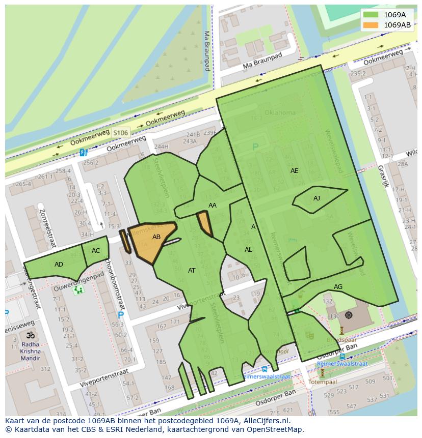 Afbeelding van het postcodegebied 1069 AB op de kaart.