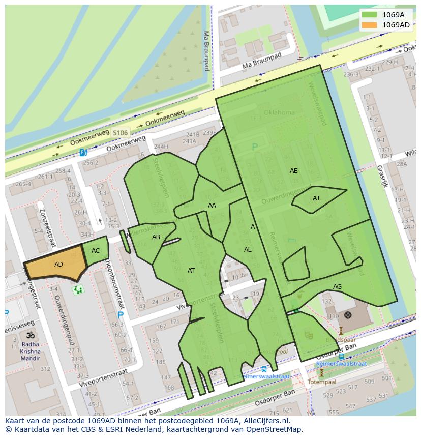 Afbeelding van het postcodegebied 1069 AD op de kaart.