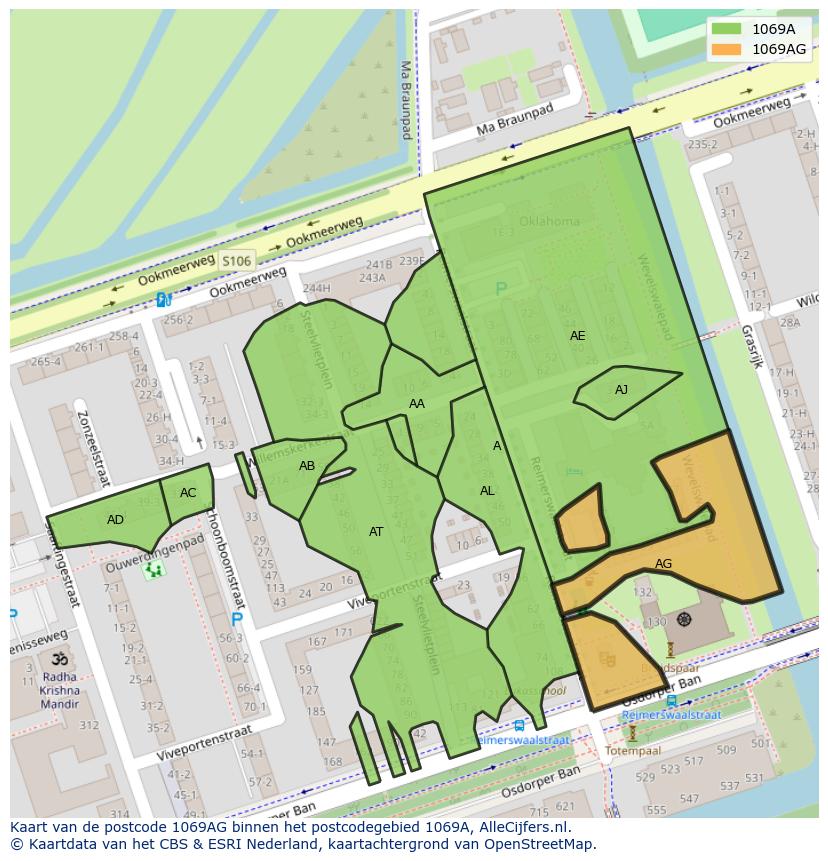 Afbeelding van het postcodegebied 1069 AG op de kaart.