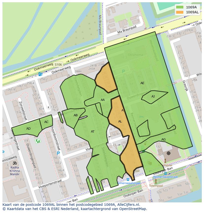 Afbeelding van het postcodegebied 1069 AL op de kaart.