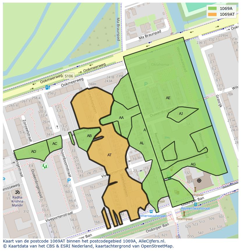 Afbeelding van het postcodegebied 1069 AT op de kaart.