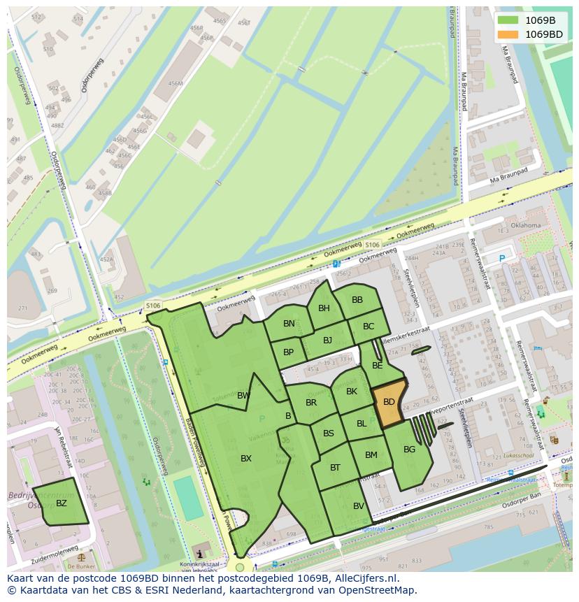 Afbeelding van het postcodegebied 1069 BD op de kaart.
