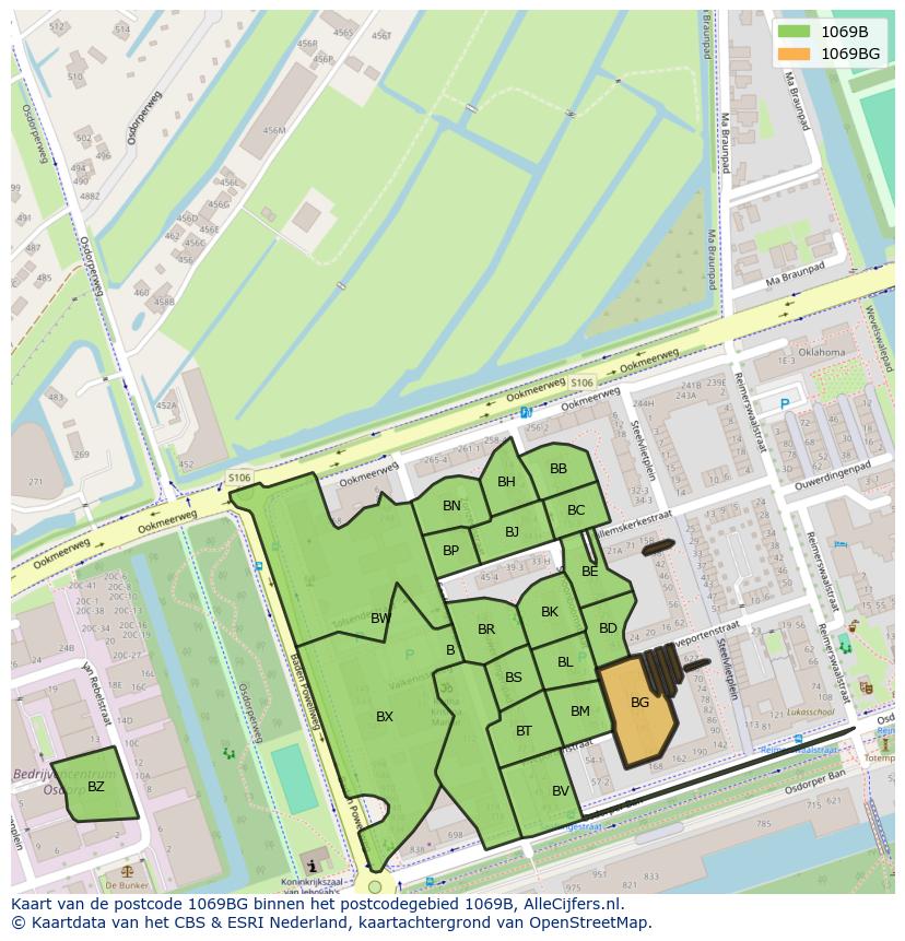 Afbeelding van het postcodegebied 1069 BG op de kaart.