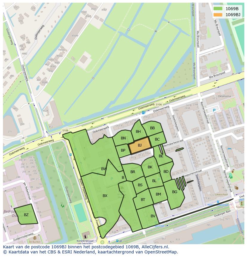 Afbeelding van het postcodegebied 1069 BJ op de kaart.