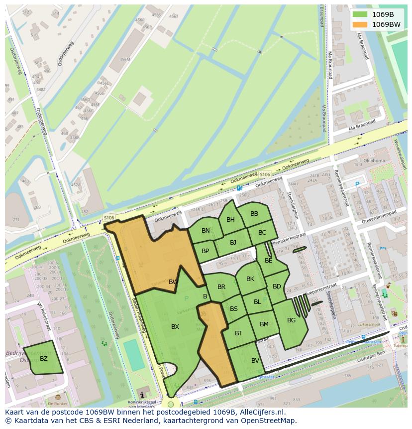 Afbeelding van het postcodegebied 1069 BW op de kaart.