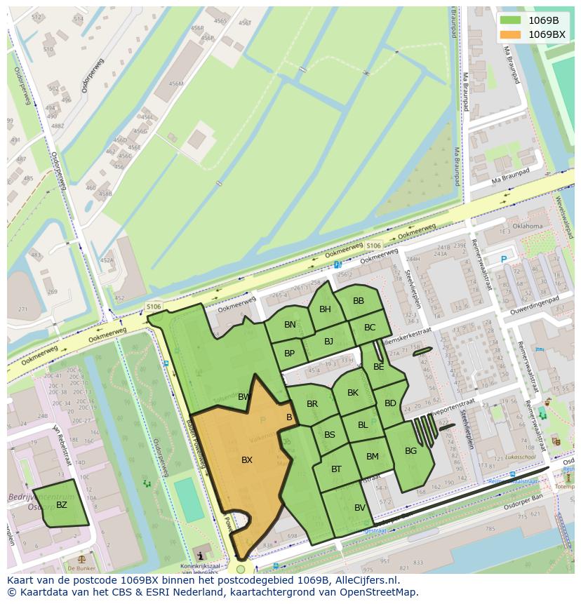 Afbeelding van het postcodegebied 1069 BX op de kaart.