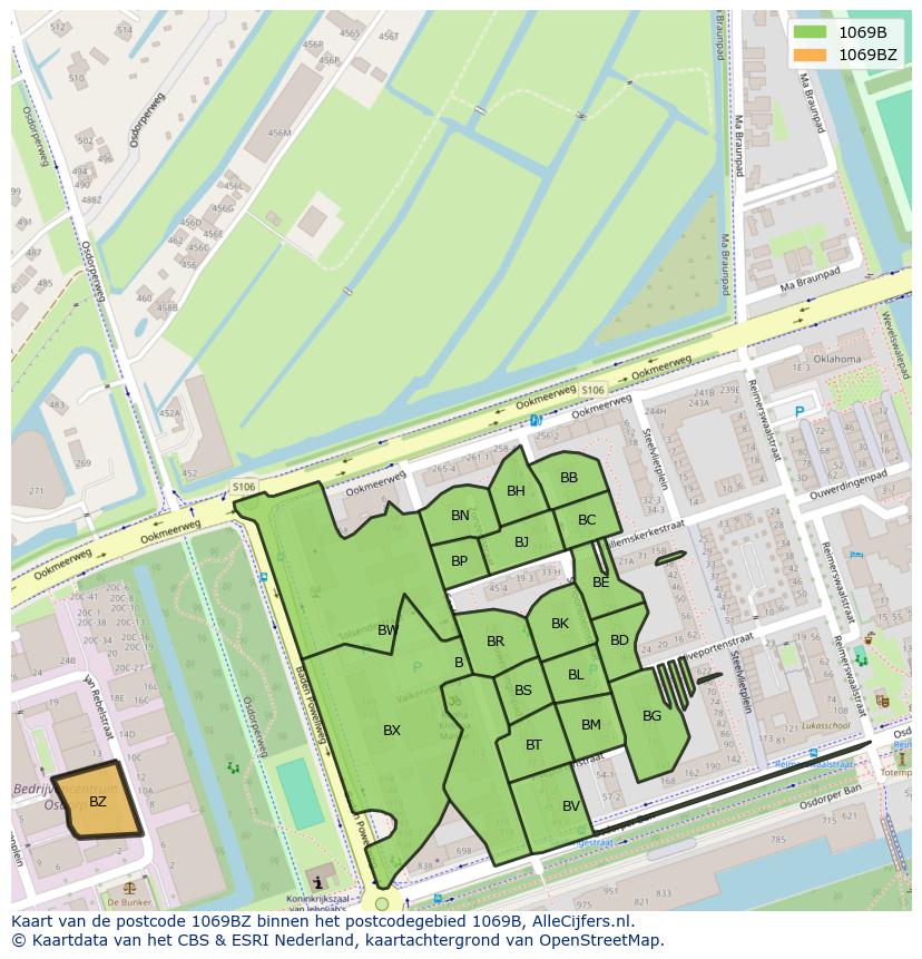 Afbeelding van het postcodegebied 1069 BZ op de kaart.