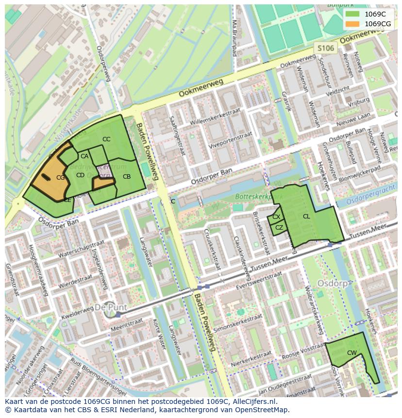 Afbeelding van het postcodegebied 1069 CG op de kaart.