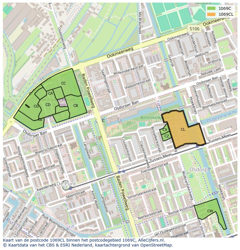 Afbeelding van het postcodegebied 1069 CL op de kaart.