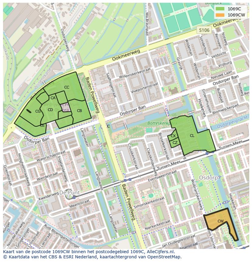 Afbeelding van het postcodegebied 1069 CW op de kaart.
