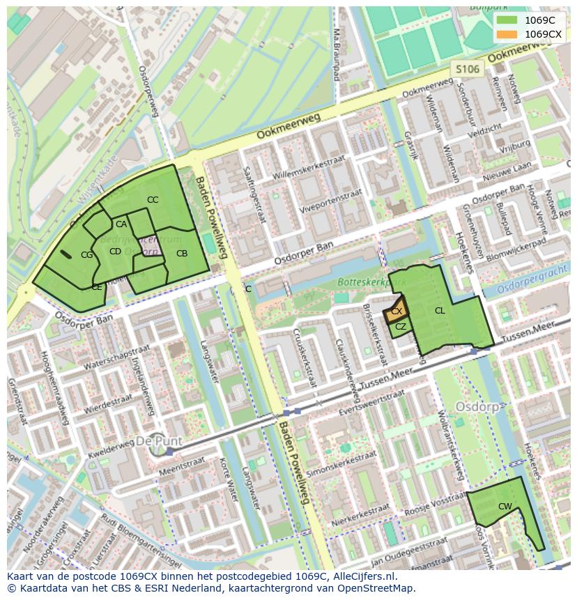 Afbeelding van het postcodegebied 1069 CX op de kaart.