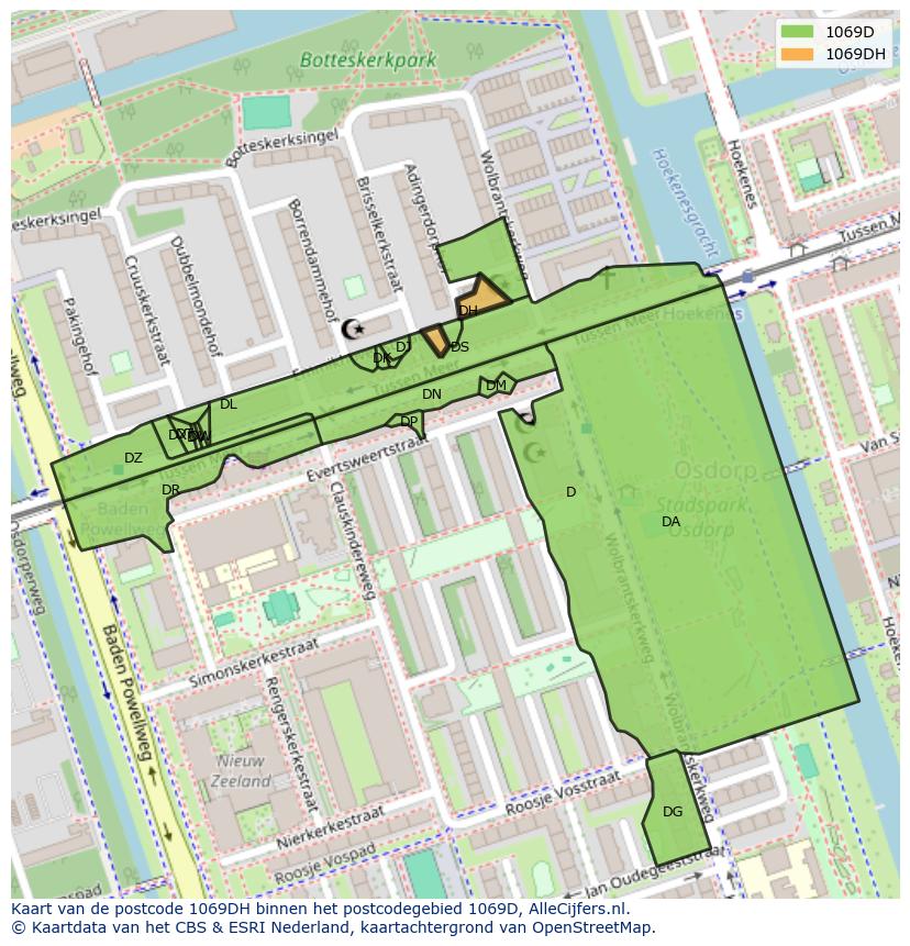 Afbeelding van het postcodegebied 1069 DH op de kaart.
