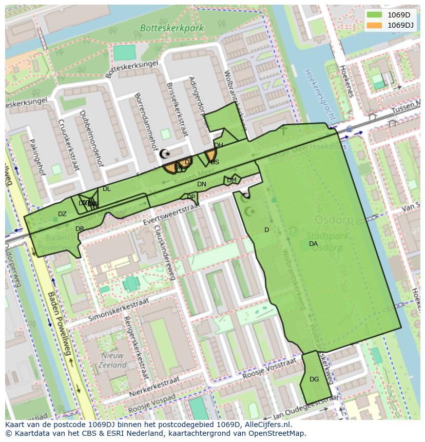 Afbeelding van het postcodegebied 1069 DJ op de kaart.