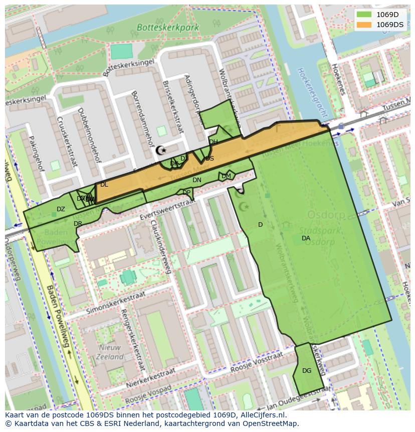Afbeelding van het postcodegebied 1069 DS op de kaart.