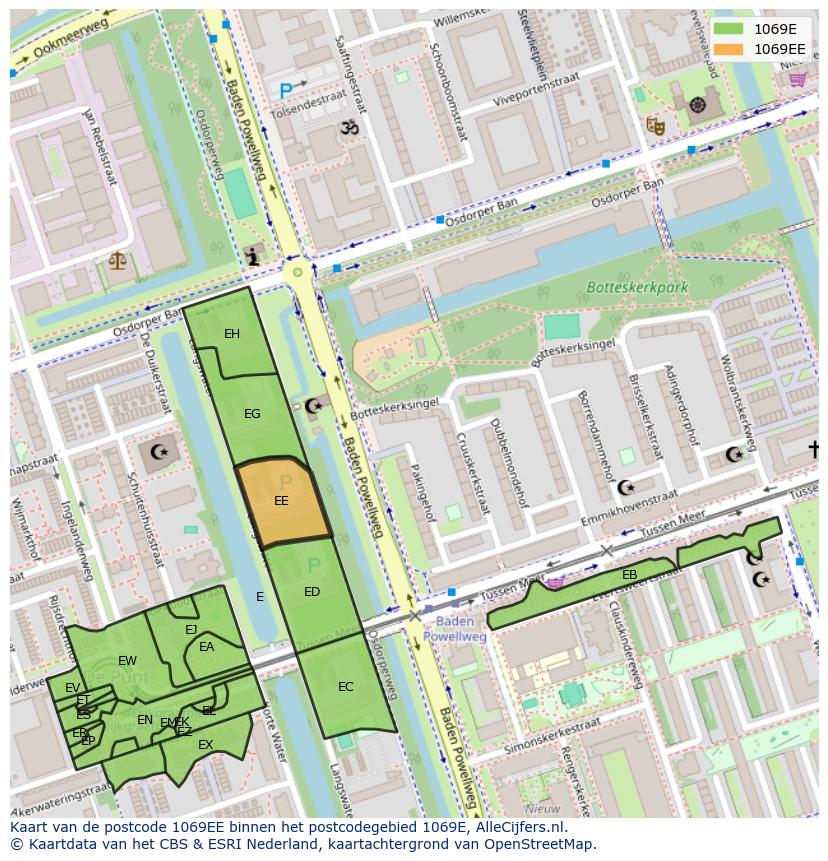 Afbeelding van het postcodegebied 1069 EE op de kaart.