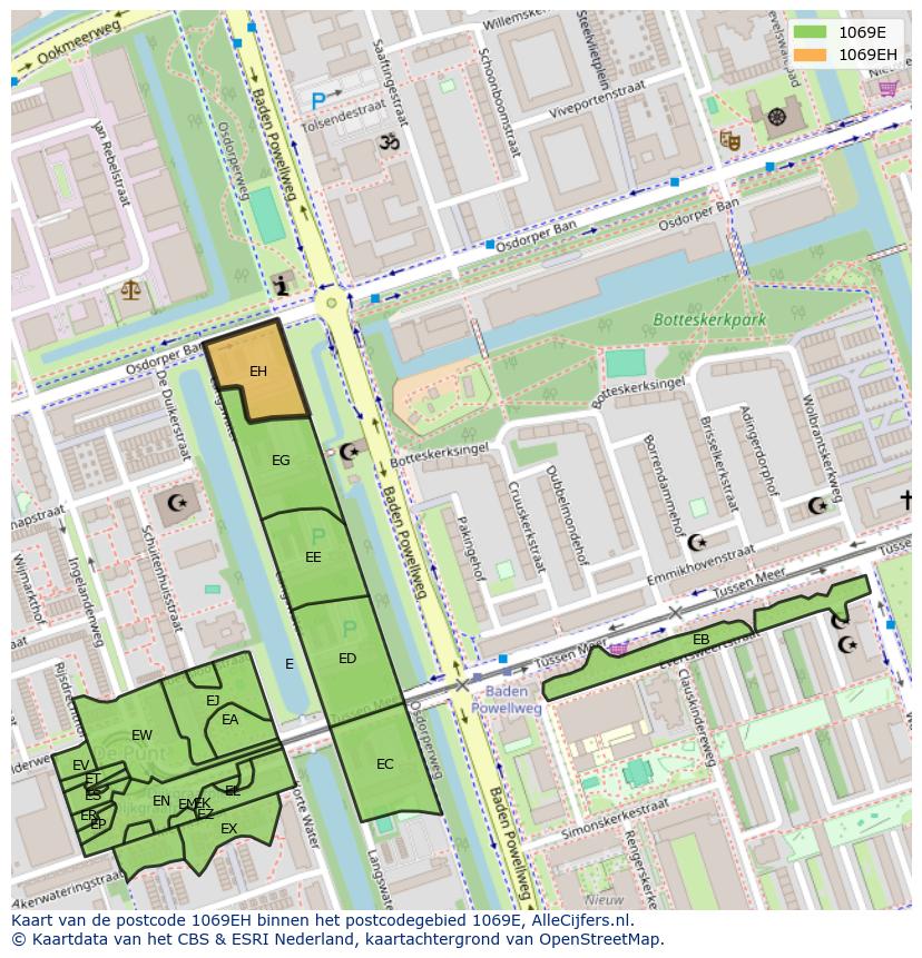 Afbeelding van het postcodegebied 1069 EH op de kaart.
