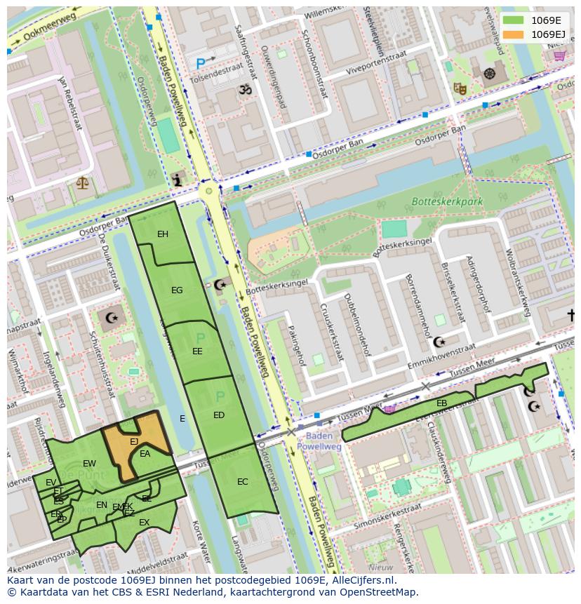 Afbeelding van het postcodegebied 1069 EJ op de kaart.