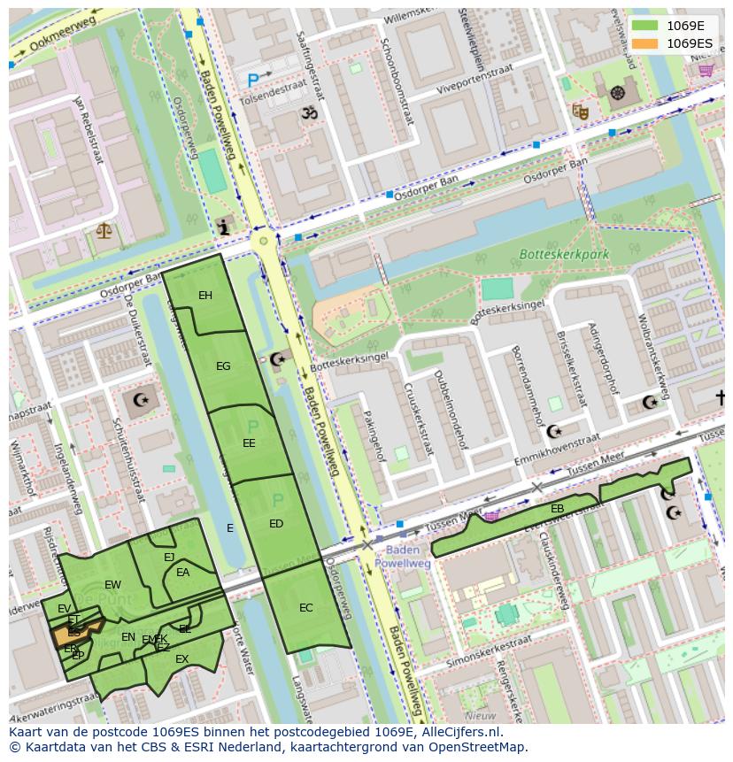 Afbeelding van het postcodegebied 1069 ES op de kaart.