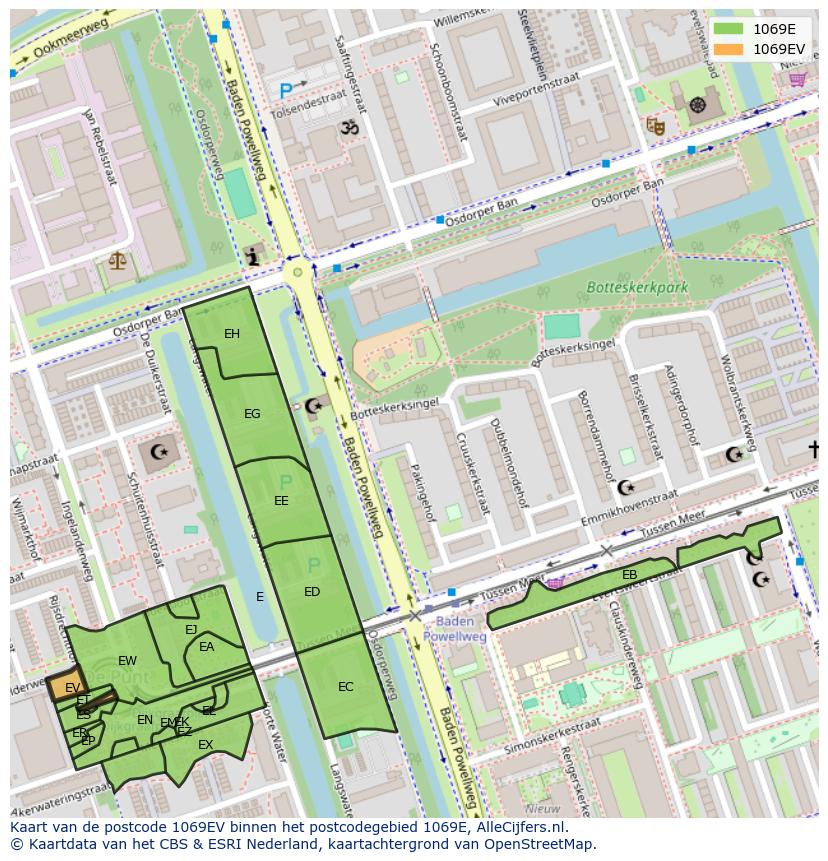 Afbeelding van het postcodegebied 1069 EV op de kaart.