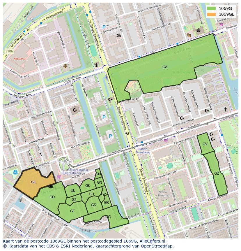 Afbeelding van het postcodegebied 1069 GE op de kaart.