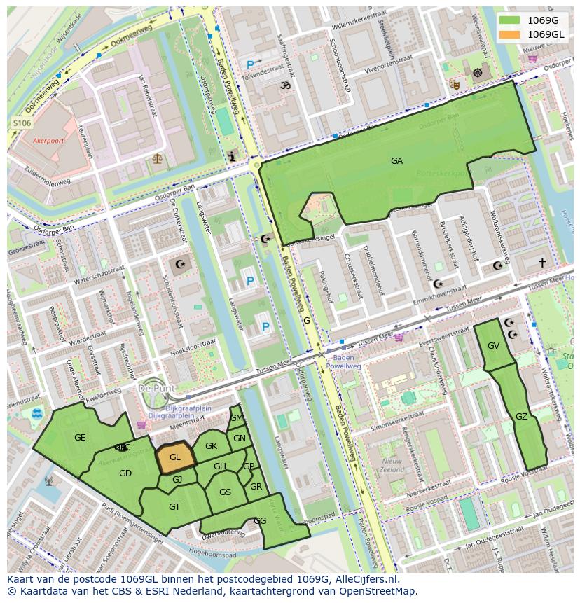Afbeelding van het postcodegebied 1069 GL op de kaart.