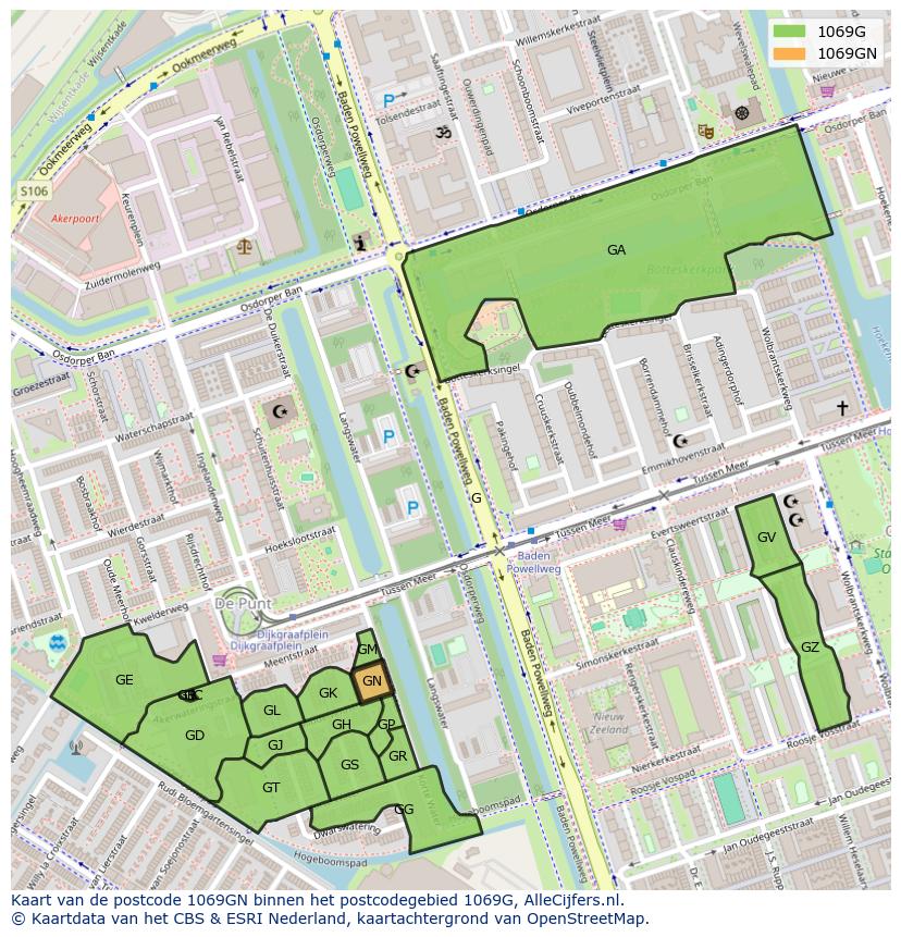 Afbeelding van het postcodegebied 1069 GN op de kaart.