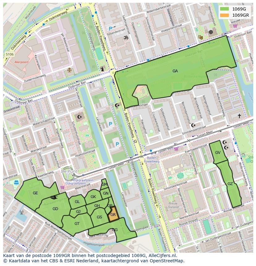 Afbeelding van het postcodegebied 1069 GR op de kaart.