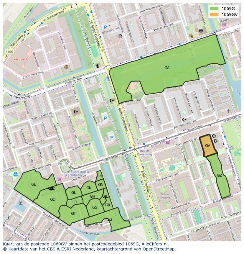 Afbeelding van het postcodegebied 1069 GV op de kaart.