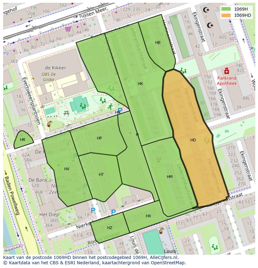 Afbeelding van het postcodegebied 1069 HD op de kaart.