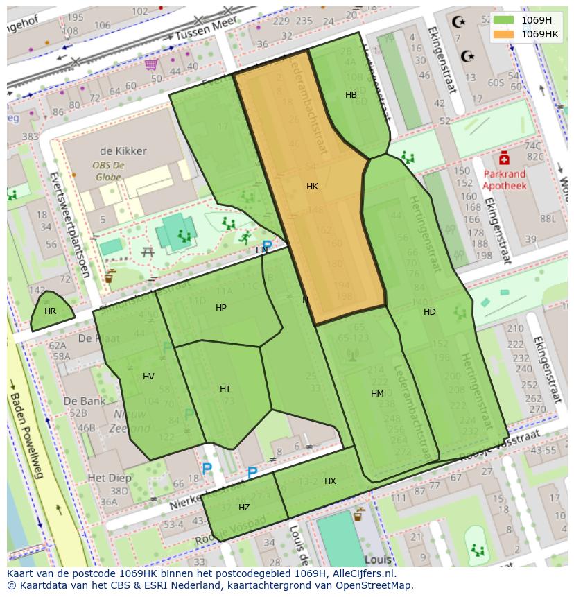 Afbeelding van het postcodegebied 1069 HK op de kaart.
