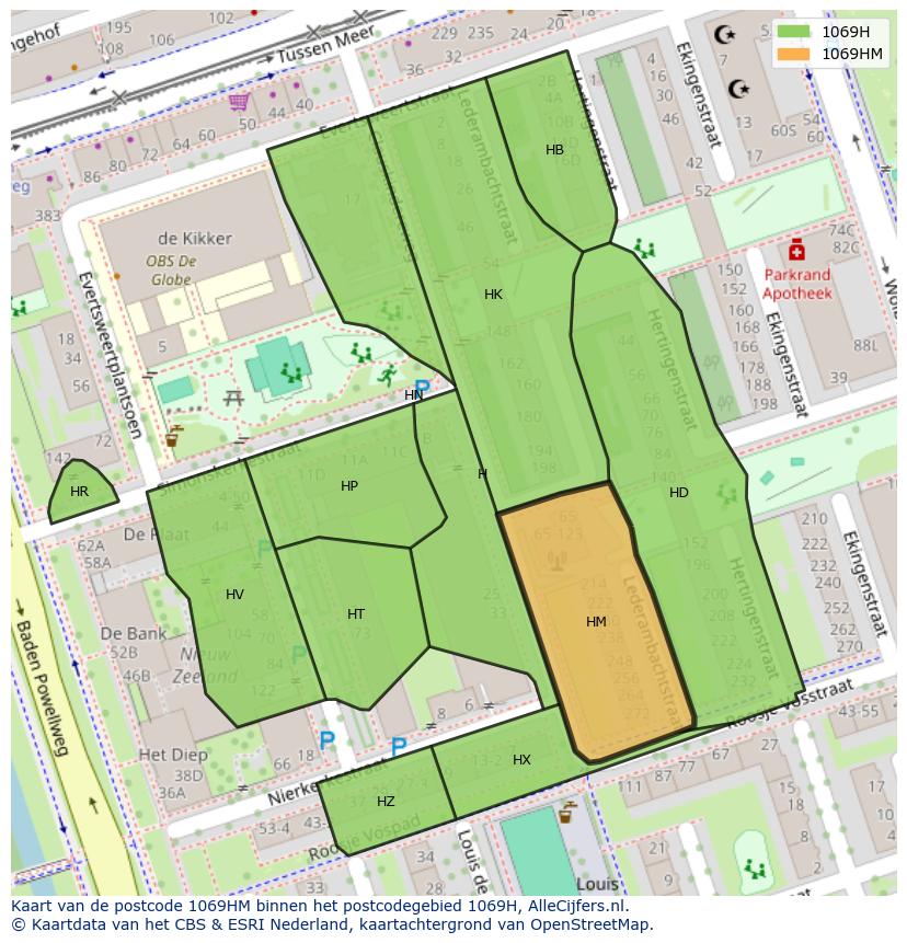Afbeelding van het postcodegebied 1069 HM op de kaart.