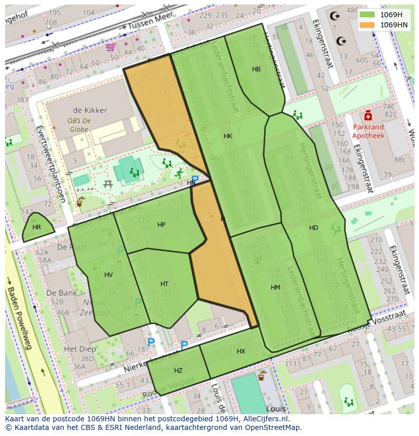Afbeelding van het postcodegebied 1069 HN op de kaart.
