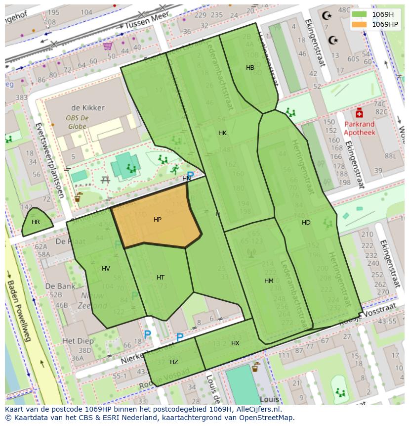 Afbeelding van het postcodegebied 1069 HP op de kaart.