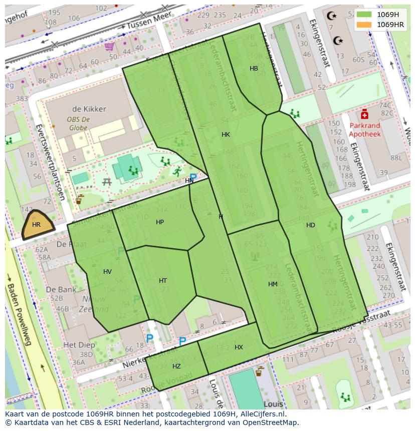 Afbeelding van het postcodegebied 1069 HR op de kaart.