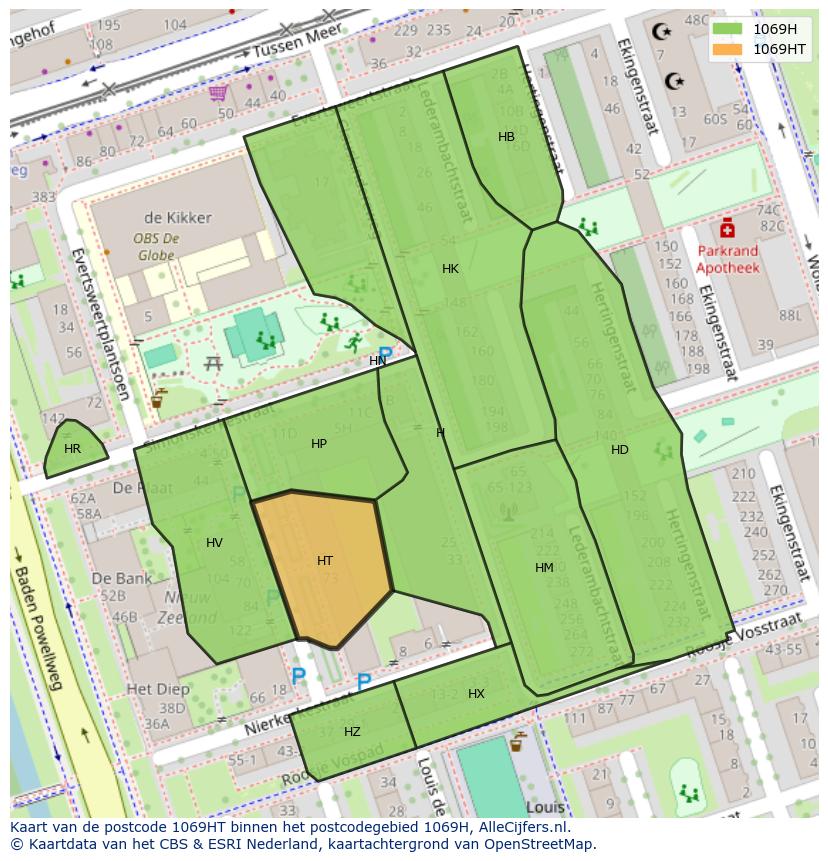 Afbeelding van het postcodegebied 1069 HT op de kaart.