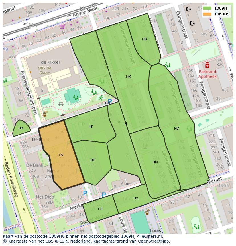 Afbeelding van het postcodegebied 1069 HV op de kaart.