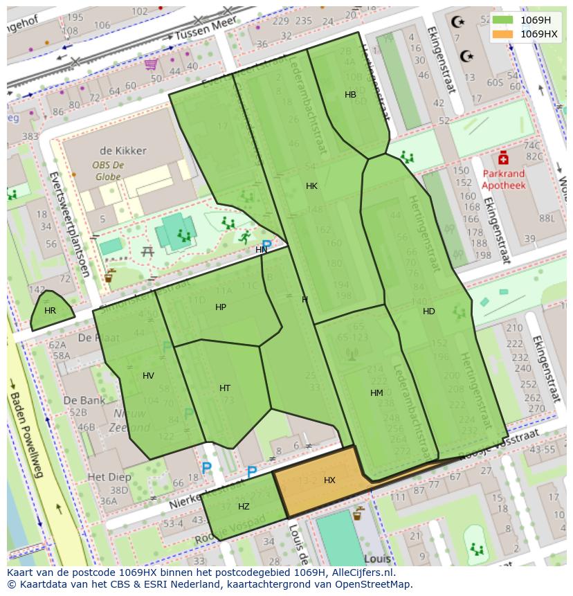 Afbeelding van het postcodegebied 1069 HX op de kaart.