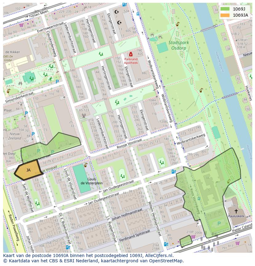 Afbeelding van het postcodegebied 1069 JA op de kaart.