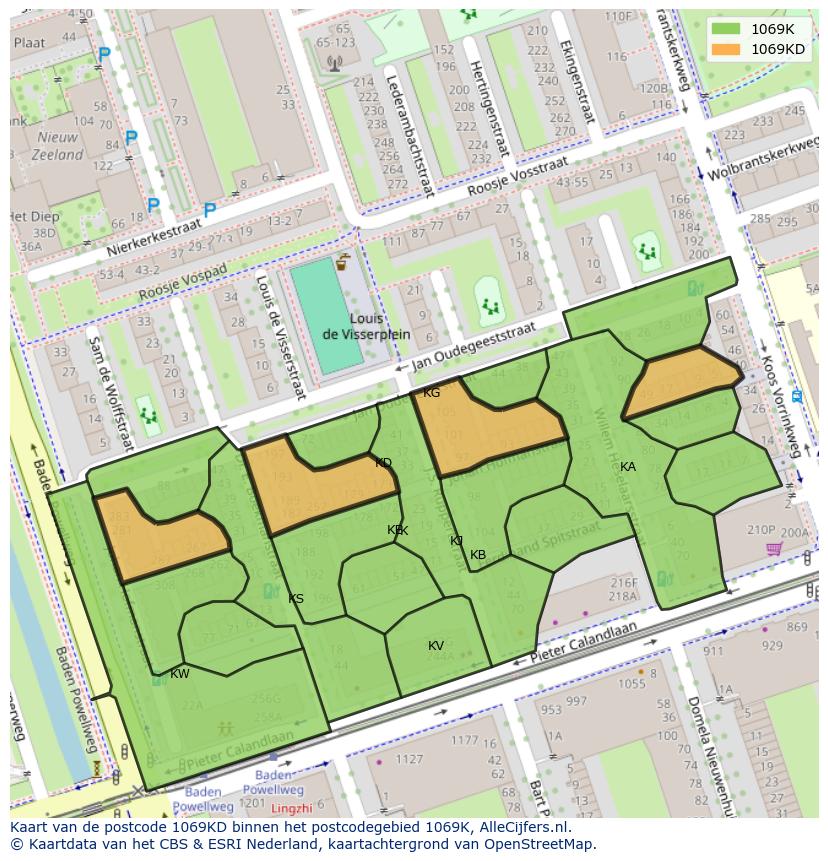 Afbeelding van het postcodegebied 1069 KD op de kaart.
