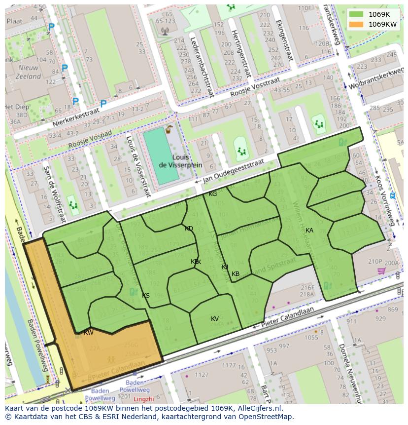 Afbeelding van het postcodegebied 1069 KW op de kaart.